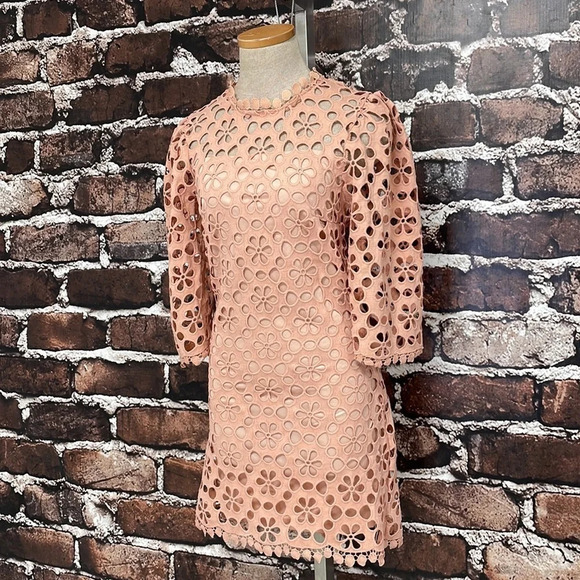 Just Me Lattice Dress NWT Long Sleeve Cut Out Floral Midi Pink Size Medium M - Picture 6 of 17